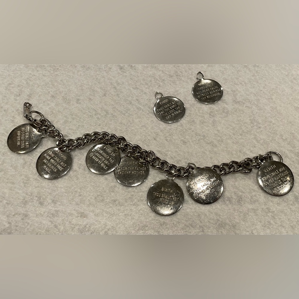 Vintage ‘60s Ten Commandments Charm Bracelet Christian Religion Missing #8 Charm